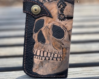 Handmade Leather Long Wallet Biker Wallet ,skull wallet,Hand-tooled biker wallet