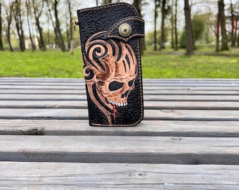Handmade Leather Long Wallet Biker Wallet ,skull Wallet,hand