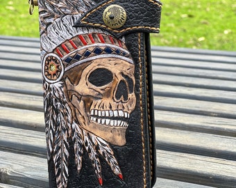 Handmade Leather Long Wallet Biker Wallet ,skull wallet,Hand-tooled biker wallet,indian skull