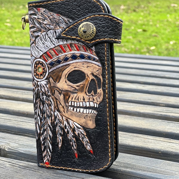 Handmade Leather Long Wallet Biker Wallet ,skull wallet,Hand-tooled biker wallet,indian skull