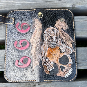 Handgefertigte Leder Lange Brieftasche Biker Brieftasche, Schädel Brieftasche, Hand-eingeschliffene Biker Brieftasche, Kind des Teufels, Satan 666