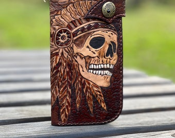 Handmade Leather Long Wallet Biker Wallet ,skull wallet,Hand-tooled biker wallet,indian skull