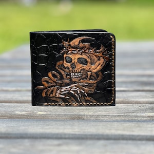 Cartera bifold de cuero con calavera hecha a mano, cartera de motociclista