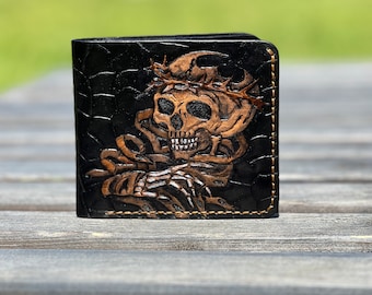 skull Leather bifold wallet Handmade,biker wallet