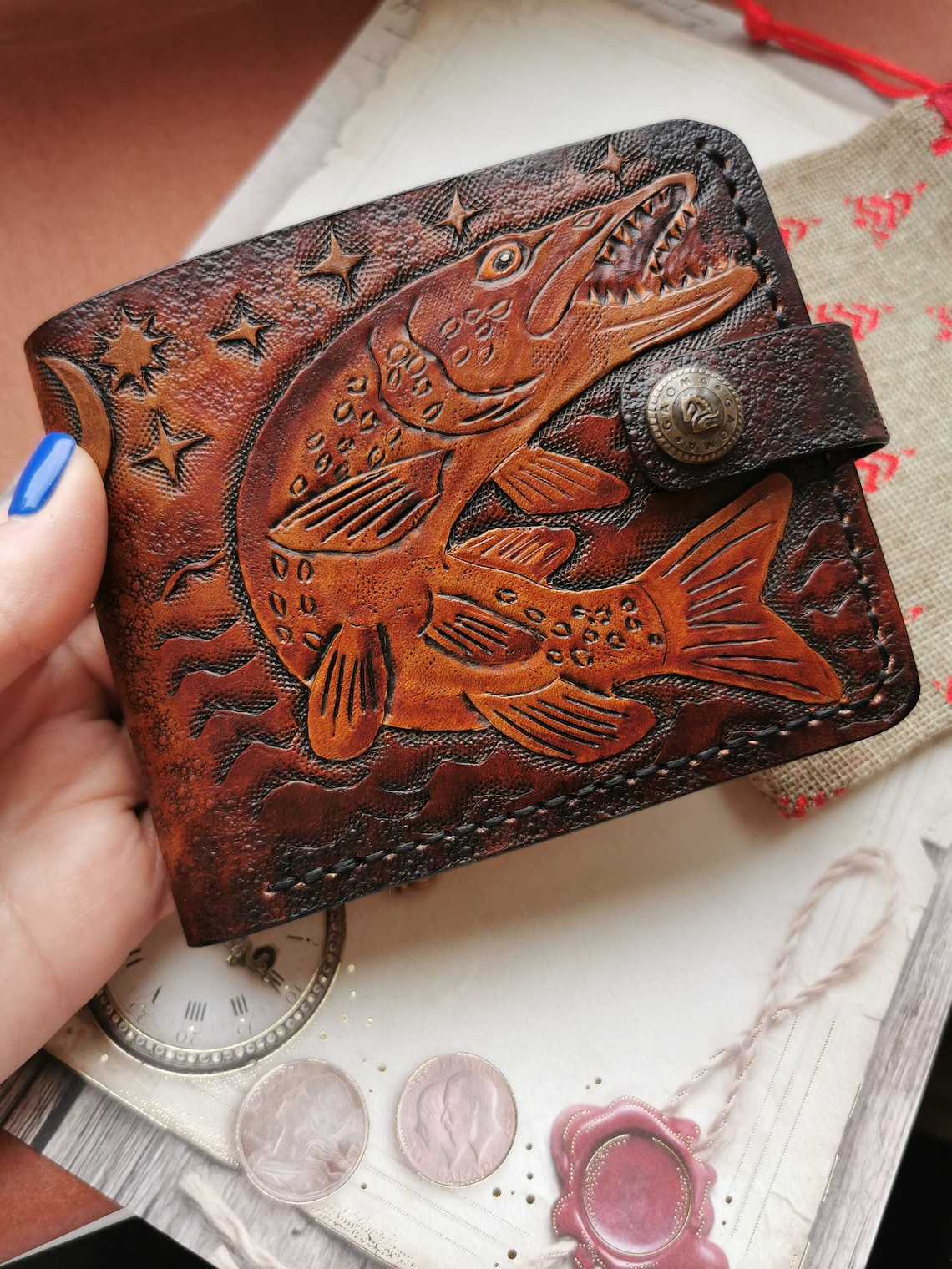 Leather wallet fishing fish carp fish pike. Handmade hand Etsy