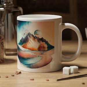 May include: White ceramic mug featuring a watercolor landscape design. The artwork depicts a mountain range, a tree, and a winding path, with a color palette of blues, oranges, and browns. The mug has a curved handle and is set on a wooden surface.