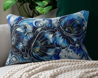 3D Blue Flower Petals Pillow - Spun Polyester Lumbar Pillow, Rectangle Pillow, Floral Design, Home Décor 20x14"
