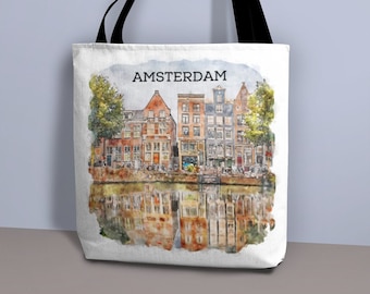 Amsterdam - Tote Bag (AOP), Netherlands, Holland, Souvenir, Skyline, Watercolor Design