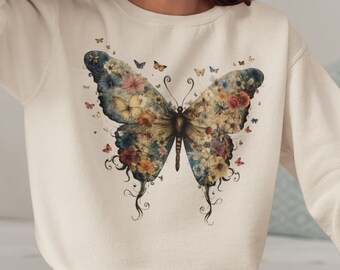 Floral Butterfly Colorful Unisex Sweatshirt - Pullover Crew Sweat, Spring Fashion, Gift for Her, Crew Neck Top, Flower Insect Design