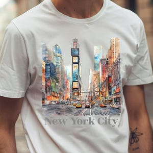Koszulka artystyczna z Nowego Jorku - stylowa koszulka graficzna, prezent dla podróżników, moda miejska, pamiątkowa koszulka z Nowego Jorku, koszulka akwarelowa z Times Square
