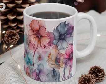 Aquarel bloemen - witte keramische koffiemok 11oz, wilde bloemen mok, bloemenmok