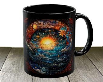 Celestial Sun - Ceramic Black Coffee Mug (11oz, 15oz), Floral Mug, Cosmic Coffee Cup