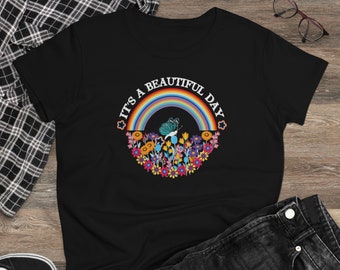 It's A Beautiful Day - Women's Midweight Cotton Tee, Rainbow Shirt, Butterflies, Wildflowers, Floral, Butterfly