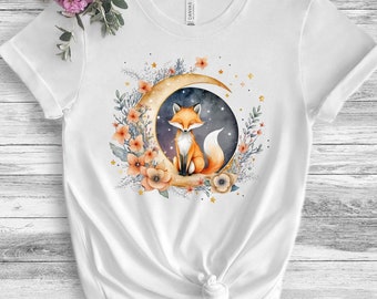 Cute Fox Shirt -  Fox Print Shirt, Fox Lover Shirt, Floral Fox Shirt, Gifts for Fox Lovers, Cottagecore Clothing, Floral Crescent Moon