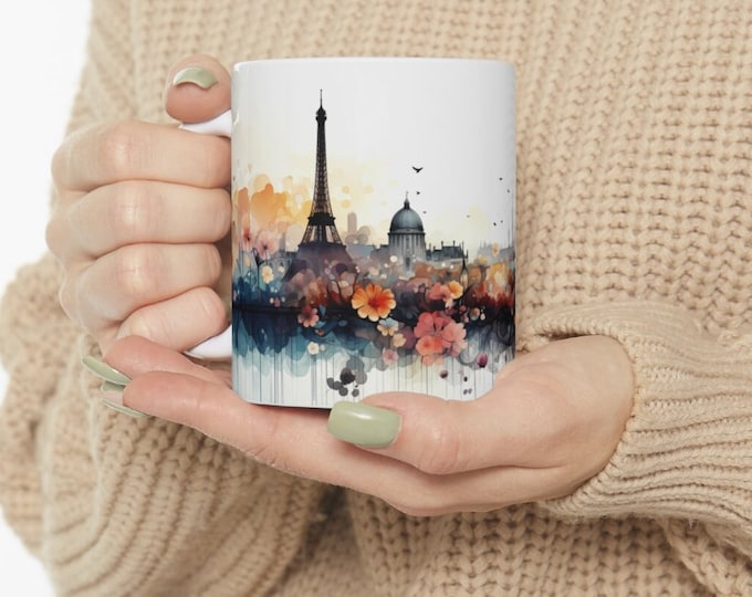 Floral Paris Skyline - White Ceramic Coffee Mug 11oz, Eifel Tower Mug, France Mug, French Souvenir