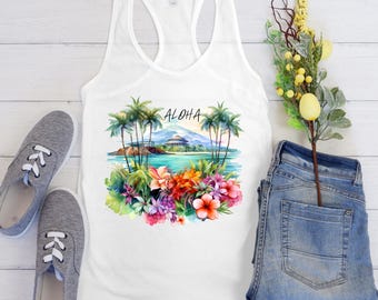 Aloha Tropical Floral Racerback Tank - Summer Beach Top, Vacation Wear, Casual Hoodie, Gift for Her, Boho Style