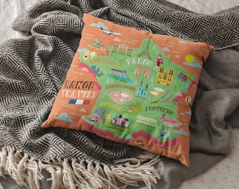 France Map - Broadcloth Pillow, Paris, Provence, Brittany, Mont St Michel, French Décor, Home Décor