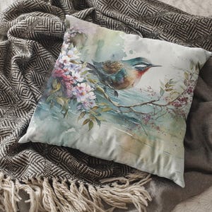 Floral Bird Nature-Inspired Square Pillow - Cozy Decor, Bird Art Throw Pillow, Living Room Cushion, Gift for Bird Lovers, Floral Home Accent
