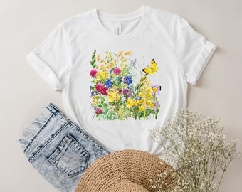 Butterfly & Wildflowers - Unisex Short Sleeve Tee, Graphic tshirt, Floral Design, Garden Lover, Nature