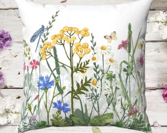 Cojín cuadrado de poliéster con diseño de flores silvestres y libélula. Mariposa, naturaleza, jardín, verano, primavera, día de la madre, regalo para mamá. 4 tamaños disponibles.