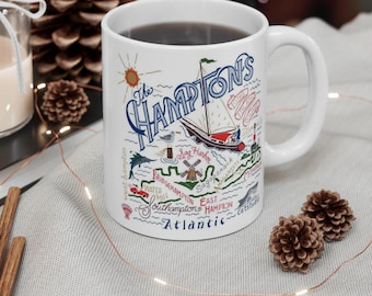 Los Hamptons - Taza de cerámica blanca de 325 ml, Long Island Sound, Nueva York, Montauk, Southampton, recuerdo