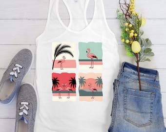Tropical Flamingo Racerback Tank - Summer Top, Beachwear, Casual Outfit, Gift for Her, Vacation Style, Palm Tree Tank Top