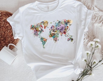 World Map TShirt - Unisex  Short Sleeve Tee, Seven Continents, Asia, Americas, Europe, Africa, Antarctica, Australia, Watercolor Design