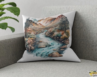 Watercolor Mountain River - Broadcloth Pillow, Throw Pillow, Rustic Pillow, Nature Home Decor