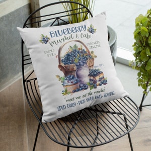 Country Farmhouse Pillow - Blueberry Market & Café, Vintage Market Sign, Open Daily Since 1925, Organic Farm, Rural Home Décor