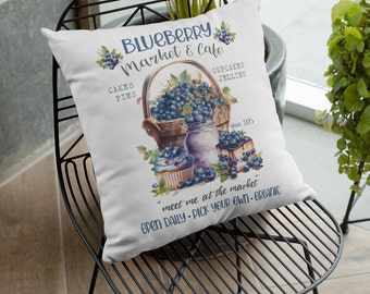 Country Farmhouse Pillow - Blueberry Market & Café, Vintage Market Sign, Open Daily Since 1925, Organic Farm, Rural Home Décor