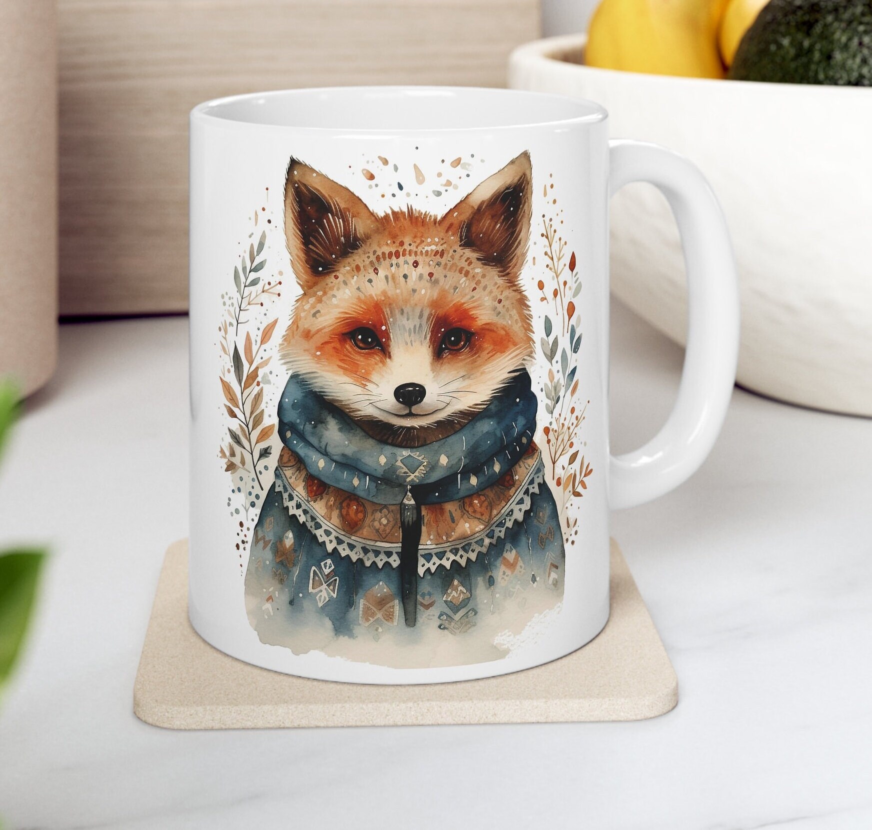 Simpatica volpe scandinava - Tazza da caffè in ceramica bianca da 11 once, Tazza naturale, Arte popolare, Tazza per amante degli animali - Italia