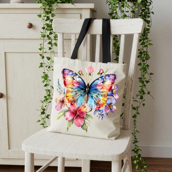 Borsa In Tela Di Cotone E Poliestere Con Stampa Farfalla | Tote Bag Riutilizzabile Con 2 Tasche Interne | 40x31 Cm