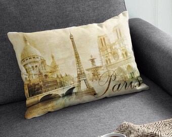 PARIS - Spun Polyester Lumbar Pillow, France, Europe, Souvenir, Eiffel Tower, Notre Dame, Home Décor 20x14"