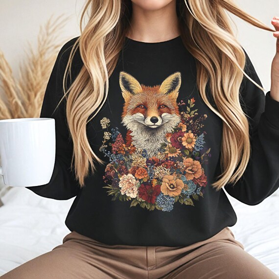 Sudadera con estampado de zorros y flores, bonito jersey con