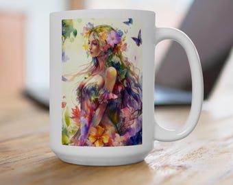 Watercolor Fairy - White Ceramic Coffee Mug 15oz, Colorful Illustration, Floral, Wild Flowers, Butterflies