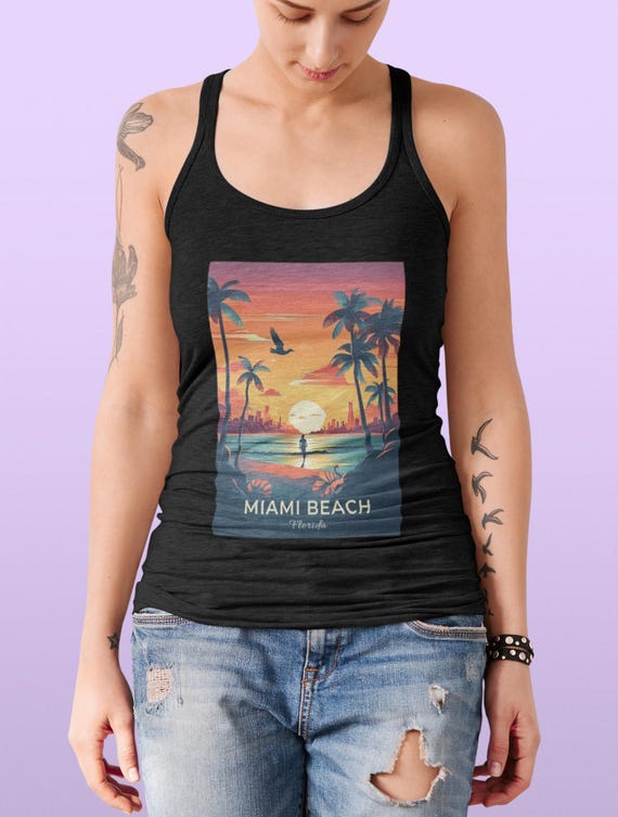 Camiseta sin mangas con espalda cruzada Miami Beach: top para vacaciones de  verano, ropa de playa, ropa deportiva para mujer, camiseta con estampado