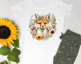 Cute Fox Shirt - Youth Short Sleeve Tee, Fox Print Shirt, Fox Lover Shirt, Floral Fox Shirt, Gifts for Fox Lovers, Cottagecore Clothing KIDS