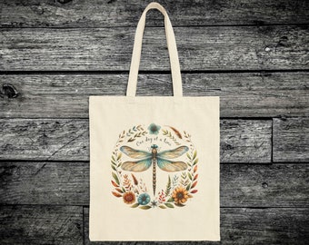 Dragonfly Bag - Cotton Canvas Tote Bag," One Day At A Time", Inspirational Quote, Boho Design, Grocery Bag, Travel Tote, Double Sided