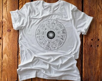 Roue du Zodiaque - Tee Unisexe à manches courtes, T-shirt d’astrologie, Signe stellaire, Constellation, Cadeau d’amoureux de l’astrologie