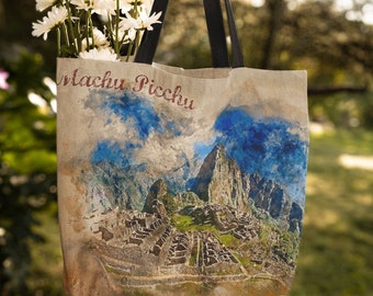Machu Picchu - TOTE BAG, Peru, Cuzco Region, Incan Ruins, Watercolor 14x14", 16x16", 18x18" Souvenir