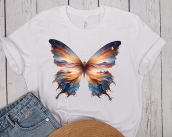 Koszulka unisex Butterfly Dream - artystyczna koszulka z krótkim rękawem dla miłośników natury, odzież codzienna, prezenty dla niej, moda letnia, wyjątkowa grafika