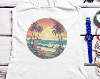 Tropical Beach Tank Top - Women's Ideal Racerback Tank, Ocean Apparel, Beach Bum, Summer Time Shirt