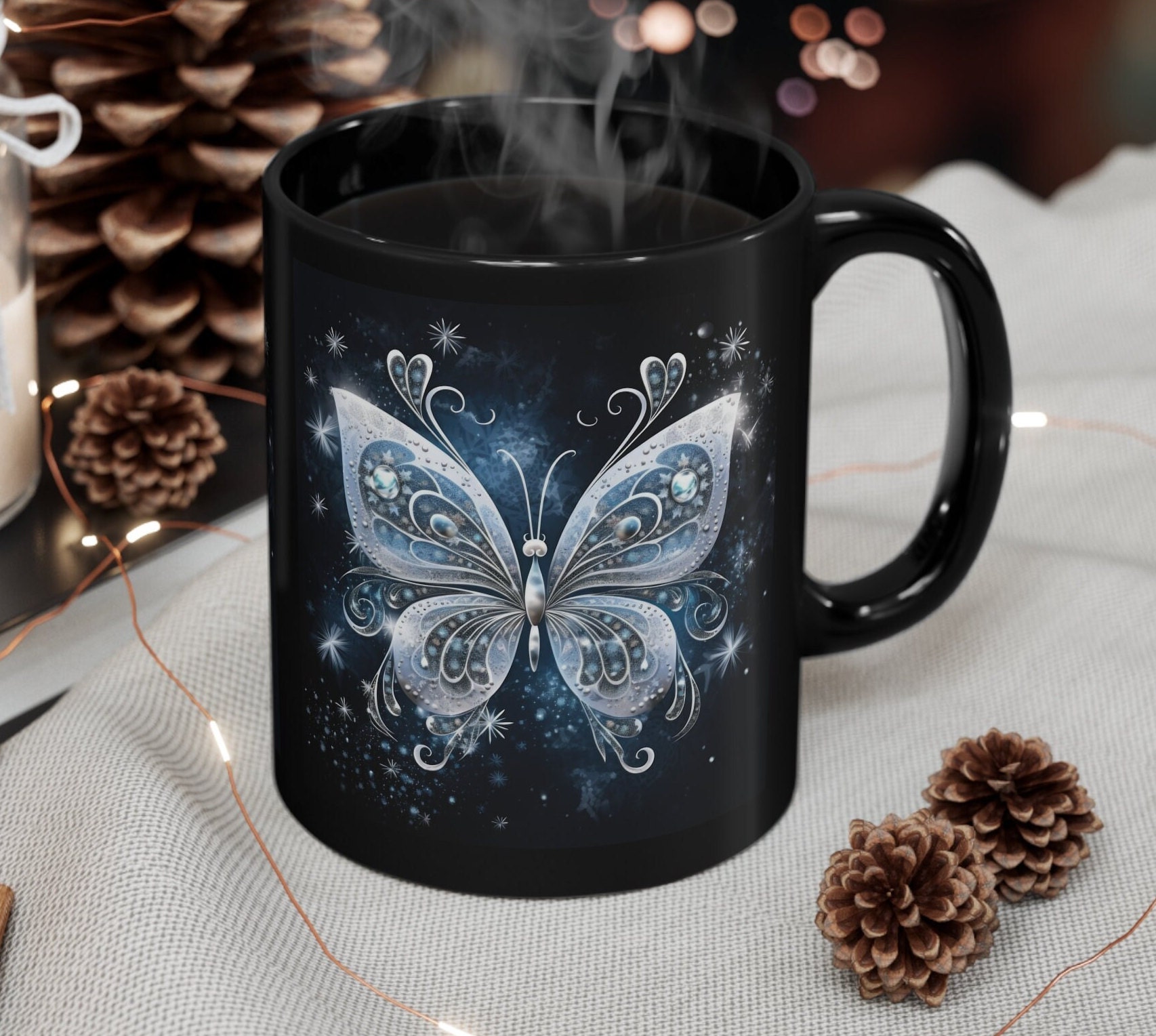Mystical Butterfly - 11oz Black Ceramic Coffee Mug, Silver