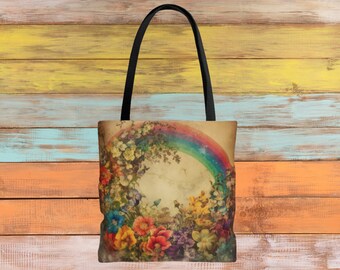 May include: A tote bag with a vintage floral design featuring a rainbow archway. The bag is made of canvas and has black handles.