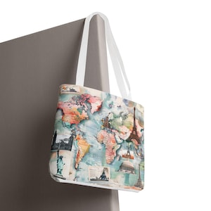 Sac fourre-tout aventureux carte du monde - Sac de voyage écologique, sac à main de style vintage, idéal pour les voyageurs et les touristes, cadeau pour les amateurs de voyage