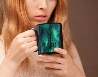 AURORA BOREALIS- Black Coffee Mug 11oz Nightsky, Northern Lights, Alaska, Iceland, Scandinavia