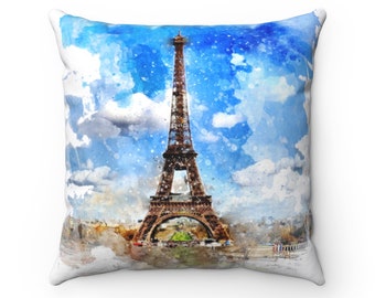PARIS - Spun Polyester Square Pillow, Eiffel Tower, Clear Blue Sky, Champs Elysees, Europe, Parisian Watercolor Design