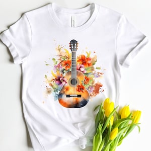 Floral Gitarre Shirt - Unisex Kurzarm T-Shirt, Gitarren Shirt, Musik Liebhaber Shirt, Akustikgitarre Shirt, Musik Shirt