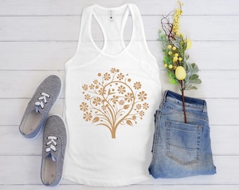Floral Tree Charm Racerback Tank - Stylish Summer Top, Fitness Wear, Casual Outing Apparel