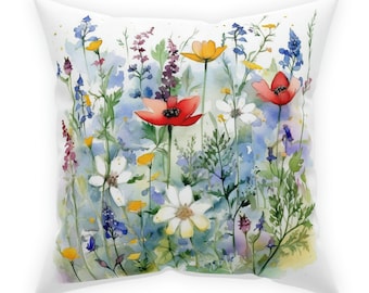 Spring Flowers Pillow - Broadcloth Pillow, Throw Pillow, Watercolor Design, Insert & Cover, Nature Home Décor